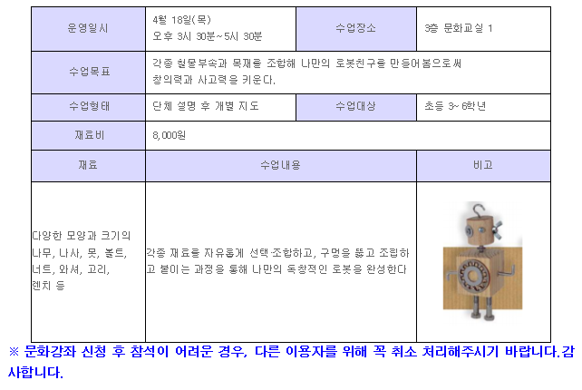 운영일시:4.18(목) 15:30~17:30 / 장소:3층문화교실1/수업목표:각종 철물 부속과 목재를 조합해 나만의 로

봇친구를 만들어봄으로써 창의력과 사고력을 키운다./수업형태:단체 설명후 개별 지도/수업대상:초등3~6학

년/재료비:8천원/재료:다양한 모양과 크기의 나무, 나사, 못, 볼트, 너트 ,와셔, 고리, 렌치등/수업내용:각

종 재료를 자유롭게 선택 조합하고 구멍을 뚫고 조입하고 붙이는 과정을 통해 나만의 독창적인 로봇을 완성

한다.