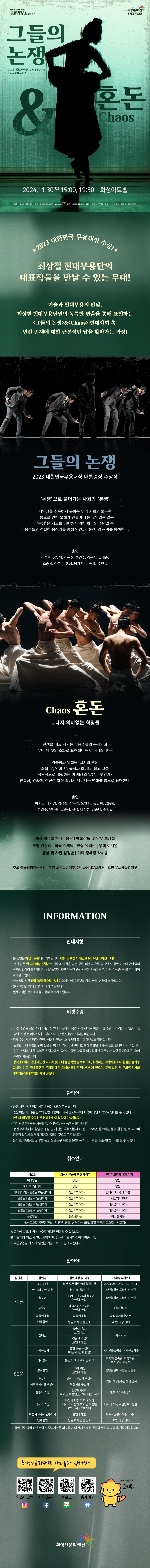 (재)예술경영지원센터 2024 순수예술을 통한 전국 공연장 활성화 사업 선정 공연
화성시문화재단 2024 기획공연
혼돈&그들의 논쟁
2023 대한민국무용대상 대통령상 수상 최상철 현대무용단
2024. 11.30(토) 15:00, 19:30 화성아트홀

주최: 예술경영지원센터
주관: 최상철 현대무용단, 화성시문화재단
후원: 문화체육관광부
티켓: 전석 2만원
연령 만 7세 이상
문의: 1588-5234


2023 대한민국 무용대상 수상!
최상철 현대무용단의 대표작들을 만날 수 있는 무대!
멀티미디어, 기술과 현대무용의 만남,
최상철 현대무용단만의 독특한 연출을 통해 표현하는 그들의 논쟁&혼돈
현대사회 속 인간 존재에 대한 근본적인 답을 찾아가는 과정!

Chaos 혼돈
그다지 의미없는 혁명들
관객을 매료 시키는 무용수들의 움직임과
무대 위 빛의 조화로 표현해내는 이 시대의 혼돈
익숙함과 낯설음, 질서와 혼돈
좌와 우, 안과 밖, 블랙과 화이트, 옳고 그름
극단적으로 대립하는 이 세상의 답은 무엇인가?
반복성, 연속성, 점진적 발전 속에서 나타나는 변화를 춤으로 표현한다.
출연
이지민 배가영 김정훈 장두익 도연희 유민희 김동현
하연수 유태준 조준서 진성 마창성 김준태 주한유

그들의 논쟁
2023 대한민국무용대상 대통령상 수상작
‘논쟁’으로 풀어가는 사회의 ‘분쟁’
다양성을 수용하지 못하는 우리 사회의 불균형
다름으로 인한 오해가 만들어 내는 끊임없는 갈등
‘논쟁’은 서로를 이해하기 위한 하나의 수단일 뿐
무용수들의 격렬한 움직임을 통해 인간과 ‘논쟁’의 관계를 탐색한다.

출연
김정훈 장두익 김동현 하연수 김은식 유태준
조준서 진성 마창성 탕가범 김준태 주한유

제작 최상철 현대무용단
예술감독 및 안무 최상철 조명 김철희 작곡 김재덕 편집 유태선
무대 이지영 영상 및 사진 김정환 기획 정혜정 라세영

주최 예술경영지원센터 주관 최상철현대무용단 화성시문화재단 후원 문화체육관
광부

=안내사항  =
-본 공연은  화성아트홀에서 개최됩니다. (경기도 화성시 태안로 145 유앤아이센터 내)
-본 공연은 만 7세 이상 관람가 관람의  제한을  받는  경우,  티켓의  유무  및  보호자  동반  여부와  관계없이  공연장  입장이  불가합니다.  생년월일이  확인  가능한  증빙서류(주민등록등본,  여권,  학생증  등)를  지참하여  주시길  바랍니다.  
-취소마감시간 11월 29일 금요일 17시 이후에는  예매  취소  환불,  변경이 불가합니다.
-(회차별)  1인  최대  5매까지  가능합니다. 
-휠체어석은  전화예매를  이용해  주시기  바랍니다.


=티켓수령=
-티켓  수령은  공연  시작  1시간  전부터  가능하며,  전에는  빠른  수량이  어려울  수  있습니다.  30분  전  여유  있게  도착하시어,  편안한  관람이  되시길 바랍니다.
-티켓 수령  시,  예매자자  본인의  성함과  전화번호  뒷자리  또는  예매번호를  확인합니다.  
-원할한  수령을  위해  신분증,  내역서,  sms(예매번호가  포함된  메시지)등을  준비하시기  바랍니다.
-할인  선택에  대한  책임은  관람자에게  있으며,  증빙  자료를  미지참하신  경우에는  차액을  지불하신  후에  관람이 가능합니다.
-공식예매처가  개인간  직거래  기타  불법적인  경로로  구매,  취득하신  취소나  환불은  불가능합니다.  이로  인해  발생한  문제에  피해와  책임은 당사자에게 있으며 문제  발생  시  주최/주관사와  예매처는  일체  책임을  지지  않습니다.  

=관람안내=
-공연시작후,  지정된  시간  외에는  제한됩니다.  
-입장  허용시  다른  관객의  관람에  방해가  되지  않도록  구매  좌석이 아닌 좌석으로  안내될 수 있습니다.
-1인 1매  티켓을  소지하신  분에  한하여  입장이 가능합니다.
-저작권을  침해하는  사진촬영,  영상녹화,음원녹취는  불가합니다.
-공연 주최측에서  촬영한  영상  사진은  추후  언론매체,  온  오프라인  홍보채널 등에  활용  될  있으며 공연장 입장시 촬영 및 활용에  동의한  것으로  간주됩니다.  
-음식물,  애완동물,  꽃다발,  풍선,  응원도구,  위험물질  (병,  폭죽,  레이저  등)  등은  반입이  제한될  수 있습니다.



=취소안내=(표)
-항목명: 취소일 / 화성시문화재단홈페이지 / 인터파크홈페이지
-항목내용
취소일 /   없음 / 없음,
예매후7일이내 /  없음 / 없음,
예매후8~관람일10일전까지 / 티켓금액의10% / 인터파크약관에 따름
관람일9일전~7일전까지 / 티켓금액의10% / 티켓금액의10%
관람일6일전~3일전까지 / 티켓금액의10% / 티켓금액의20%
관림일2일전~1일전까지 / 티켓금액의10% / 티켓금액의30%
공연당일 / 취소불가능 / 취소불가능
-월~토요일 공연은 전날17시까지 환불,변경 가능(일요일 공연은 토요일 11시까지)
※  공연에  따라서  수수료  정책은  변경될 수 있습니다.
※  카드 예매취소시,  환급  방법과  환급일은  카드사의  정책에  따릅니다.  
※  무통장  입금 취소시 영업일  기준으로  5~7일  소요됩니다.  

=할인안내=(표)
-항목명: 할인율/ 할인명 / 할인대상및내용 / 기타(증빙자료)
-항목내용
30% / 조기예매 / 티켓예매일로부터 일정기간 / 2024.08.08.~2024.08.14
30% / 만13세미만아동 / 본인및동반1인 / 생년월일이 포함된 신분증,
30% / 청소년 / 만13세~만24세청소년(본인에한함) / 생년월일이 포함된 신분증,
30% / 예술인 / 예술인패스 소지자 / 예술인패스,
30% / 차상위계증 / 차상위계층 / 차상위계층확인서
30% / 단체할인 / 동일회차관람단체 / 20인이상 단체,
50% / 장애인 / 중증(1~3급)(동반1인), 경증(4~6급)(본인에한함) / 복지카드,
50% / 국가유공자 / 본인 또는 수권자(해당자 1인에한함) / 국가보훈등록증, 국가유공자증,
50% / 의사상자 / 본인과 그 배우자 및 자녀 / 의사자 유족증, 의사자증, 의사자 증명서
50% / 경로할인 / 65세이상(본인에 한함) / 생년월일이 포함된 신분증,
50% / 수급자 / 생계, 의료급여수급자 / 국민기초생활수급자증명서,
50% / 사회복지시설수용자 / 보장시설수급자 / 국민기초생활수급자증명서,
50% / 한부모가정 / 한부모가정의 부모 및 미성년(만19세미만)자녀 / 한부모가족증명서,
50% / 다자녀가졍 / 화성시거주두자녀이상 다자녀가정의 부모및 미성년(만19세미만)자녀/ 다자녀카드, 주민등록표등본
50% / 화성시우수자원봉사자 / 본인에 한함 / 우수자원봉사자소지자,
50% / 단체할인 / 동일회차관람단체 / 50인이상단체
※  공연관람당일 티켓수령시 증빙자료를  제시하고,  미  제시시  시에는  현장에서  차액  지불 후 관람가능합니다.

=화성시문화재단아트홀과친해지기=(SNS)
인스타그램QR코드/페이스북QR코드/블로그QR코드/홈페이지QR코드  

