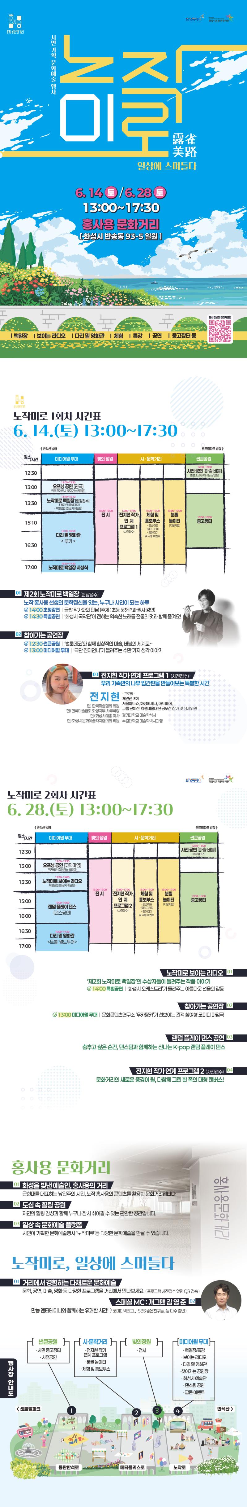 홍사용문화거리 화성특례시 화성시문화관광재단
시민 기획 문화예술 행사 
노작미로
露雀美路
일상에 스며들다
6. 14.(토) / 6. 28.(토)
13:00 ~ 17:30
홍사용 문화거리(화성시 반송동 93-5 일원)
백일장 보이는 라디오 다리 밑 영화관 체험 특강 공연 중고장터 등
홍사용 문화거리

01 화성을 빛낸 예술인, 홍사용의 거리
근현대를 대표하는 낭만주의 시인, 노작 홍사용의 콘텐츠를 활용한 문화거리입니다.

02 도심 속 힐링 공원
자연의 힐링 감성과 함께 누구나 잠시 쉬어갈 수 있는 편안한 공간입니다.

03 일상 속 문화예술 플랫폼
시민이 기획한 문화예술행사 ‘노작미로’ 등 다양한 문화예술을 만날 수 있습니다.


노작미로, 일상에 스며들다

01 거리에서 경험하는 다채로운 문화예술
문학, 공연, 미술, 영화 등 다양한 프로그램을 거리에서 만나보세요. (프로그램 사전접수 앞면 QR 접속)

02 스페셜 MC : 개그맨 김 영 준 [사진 작게]
만능 엔터테이너와 함께하는 유쾌한 시간! (「코미디빅리그」, 「SBS 좋은친구들」 등 다수 출연)


행사장 안내도
<센트럴파크 [썬큰공원] 시민 중고장터 사전공연 동탄반석로 [시문학거리] 전지현작가 연계 프로그램 분필 놀이터 체험 및 홍보부스 메타폴리스로 [빛의정원] 전시 노작로 [미디어월 무대] 백일장 특강 보이는라디오 다리밑영화관 찾아가는공연장 화성시 예술단 댄스팀 공연 팝콘 이벤트 반석산>
홍사용문화거리 노작미로 1회차 시간표
6. 14(토) 13:00 ~ 17:30


◀반석산 방향                                                                                          센트럴파크 방향▶
장소
시간
[미디어월 무대]

[빛의정원]

[시？문학거리]

[썬큰공원]
12:30





















12:30-13:00

사전 공연[마술？버블]
벌룬데코(찾아가는공연장)
13:00

13:00-13:30

오프닝 공연[연극]
극단 진아언니(찾아가는공연장)

13:00-17:00

전 시

13:00-17:00

전지현
작가 연계
프로그램 1
(사전접수)

13:00-17:00

체험 및
홍보부스

풍선아트
캘리그라피
종이접기
각종 이벤트

13:00-17:00

분필
놀이터
(자율체험)


13:30


13:30-16:30

중고장터
13:40-15:10

노작미로 백일장(현장접수)
초청강연(글밥 작가)
특별공연(화성시 예술단)

15:10
15:10-16:50

다리 밑 영화관
<루카>


16:30


16:50-17:30

노작미로 백일장 시상식
17:00













01 제2회 노작미로 백일장 (현장접수)
노작 홍사용 선생의 문학정신을 잇는, 누구나 시인이 되는 하루
14:00 초청강연 | 글밥 작가와의 만남(주제: 초등 문해력과 필사 강연)
14:30 특별공연 | ‘화성시 국악단’이 전하는 익숙한 노래, 전통의 멋과 함께 즐겨요!

02 찾아가는 공연장
12:30 썬큰공원 | ‘벌룬데코’와 함께 환상적인 마술, 버블의 세계로~
13:00 미디어월 무대 | ‘극단 진아언니’가 들려주는 수만 가지 생각 이야기

03 전지현 작가 연계 프로그램 1 (사전접수)
우리 가족만의 나무 입간판을 만들어보는 특별한 시간
전지현 ？ 프로필- 개인전 3회 서울아트쇼, 화성메세나, 아트페어, 그룹 단체전 효행미술대전 공모전 참가 및 심사위원, 현)한국미술협회 회원 현) 한국미술협회 화성지부 사무국장 현)화성시예총 이사 현)화성시문화예술자치협의회 위원

화성특혜시 화성시문화관광재단노작미로 2회차 시간표
6. 28(토) 13:00 ~ 17:30


◀반석산 방향                                                                                          센트럴파크 방향▶
장소
시간
[미디어월 무대]

[빛의정원]

[시？문학거리]

[썬큰공원]
12:30





















12:30-13:00

사전 공연[삐에로]
13:00

13:00-13:30

오프닝 공연[코믹 마임]
우카탕카(찾아가는공연장)

13:00-17:00

전 시

13:00-17:00

전지현
작가 연계
프로그램 2
(사전접수)

13:00-17:00

체험 및
홍보부스

풍선아트
캘리그라피
종이접기
각종 이벤트

13:00-17:00

분필
놀이터
(자율체험)


13:30
13:30-15:00

노작미로 보이는 라디오
특별공연(화성시 예술단)


13:30-16:30

중고장터
15:00
15:00-16:00

랜덤 플레이 댄스(댄스 공연)

16:00

16:00-17:30

다리 밑 영화관
<트롤: 월드투어>
16:30


17:00













01 노작미로 보이는 라디오
‘제2회 노작미로 백일장’의 수상자들이 들려주는 작품 이야기
14:00 특별공연 | ‘화성시 오케스트라’가 들려주는 아름다운 선율의 감동

02 찾아가는 공연장
13:00 미디어월 무대 | 문화콘텐츠연구소 ‘우카탕카’가 선보이는 관객 참여형 코미디 마임극

03 랜덤 플레이 댄스/댄스 공연
춤추고 싶은 순간, 댄스팀과 함께하는 신나는 K-pop 랜덤 플레이 댄스

전지현 작가 연계 프로그램 2 (사전접수)
문화거리의 새로운 풍경이 될 다함께 그린 한 폭의 대형 캔버스!